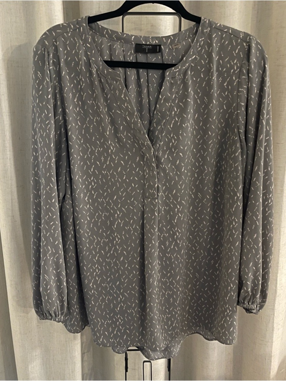Tahari Grey Printed Long-Sleeve V-Neck Blouse